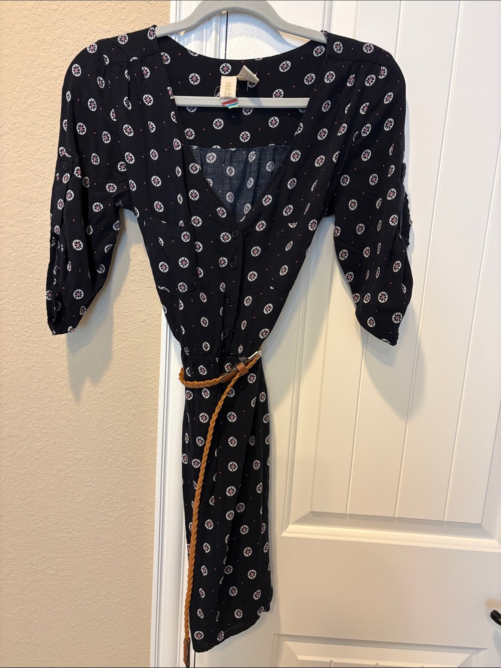 Mimi Chica navy Printed Dress with Braided Tan Belt